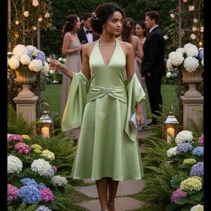 Jessica McClintock Gunne Sax sz 13/14 Formal Evening Halter Silky Gown pistachio